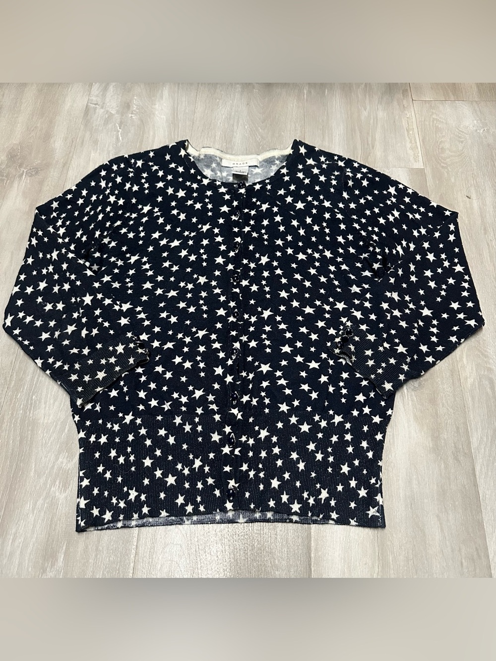 Grace Navy Blue White Stars Print Button Down Cardigan Sz L